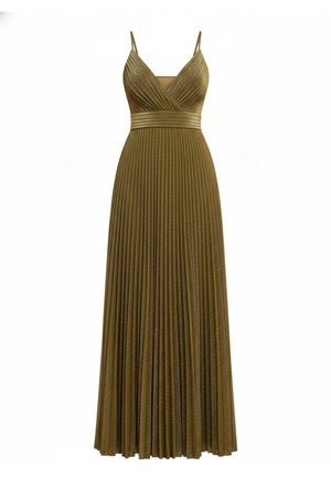 Vestido plisado verde oliva con escote en V, tirantes finos y una cinturilla ajustada. La textura fluida se extiende hasta una falda de longitud completa.