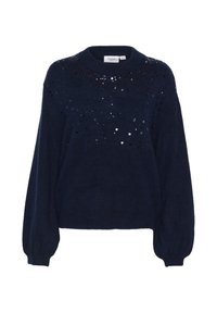 Pull bleu marine en tissu duveteux avec un col rond, de longues manches ballon, et des embellissements en sequins sur le devant formant un motif texturé.