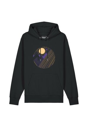Schwarzer Hoodie mit Kordeln und Fronttasche, mit einem runden abstrakten Design in Gelb und Lila auf der Brust.