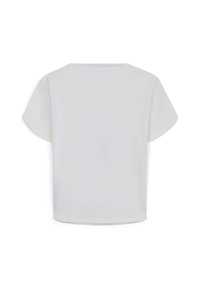 Top bianco a maniche corte con vestibilità ampia, scollo rotondo e superficie liscia. Design pulito senza motivi o dettagli aggiuntivi.