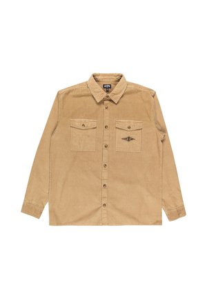 Cord-Hemden in Beige mit langen Ärmeln, Knopfverschluss, zwei Brusttaschen und Logopatch auf der linken Seite. Strukturierte vertikale Streifen.