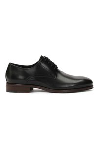 Pantofii din piele neagră, cu vârful ascuțit, șase gauri pentru sireturi și toc din lemn brun. Textură netedă și detalii de design minime.