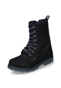Stivali alla caviglia in suede nero con lacci grigi, tomaia testurizzata e suola in gomma con profonde scanalature. Linguetta sul retro per indossarli facilmente.