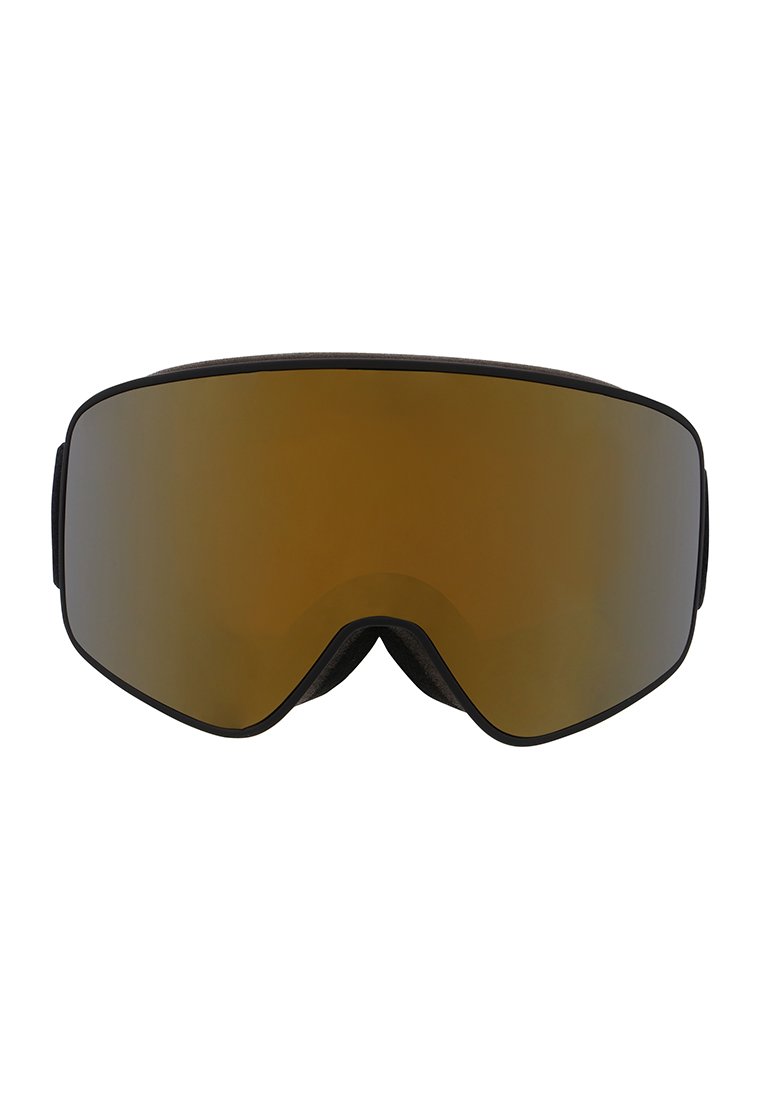 Skibril met een zwart frame en grote amberkleurige lens. Het ontwerp heeft een glad oppervlak en een zachte padding rond de randen.