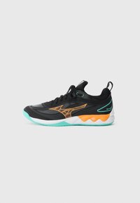 Black and orange athletic sneaker with turquoise sole accents, black laces, and a textured mesh design on a white background.