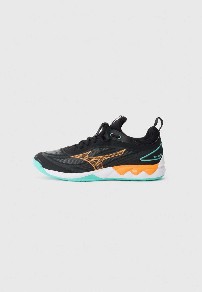 Black and orange athletic sneaker with turquoise sole accents, black laces, and a textured mesh design on a white background.