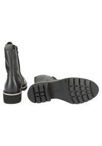 Black leather ankle boots with a smooth finish, side zipper, and a textured rubber sole featuring a low block heel.