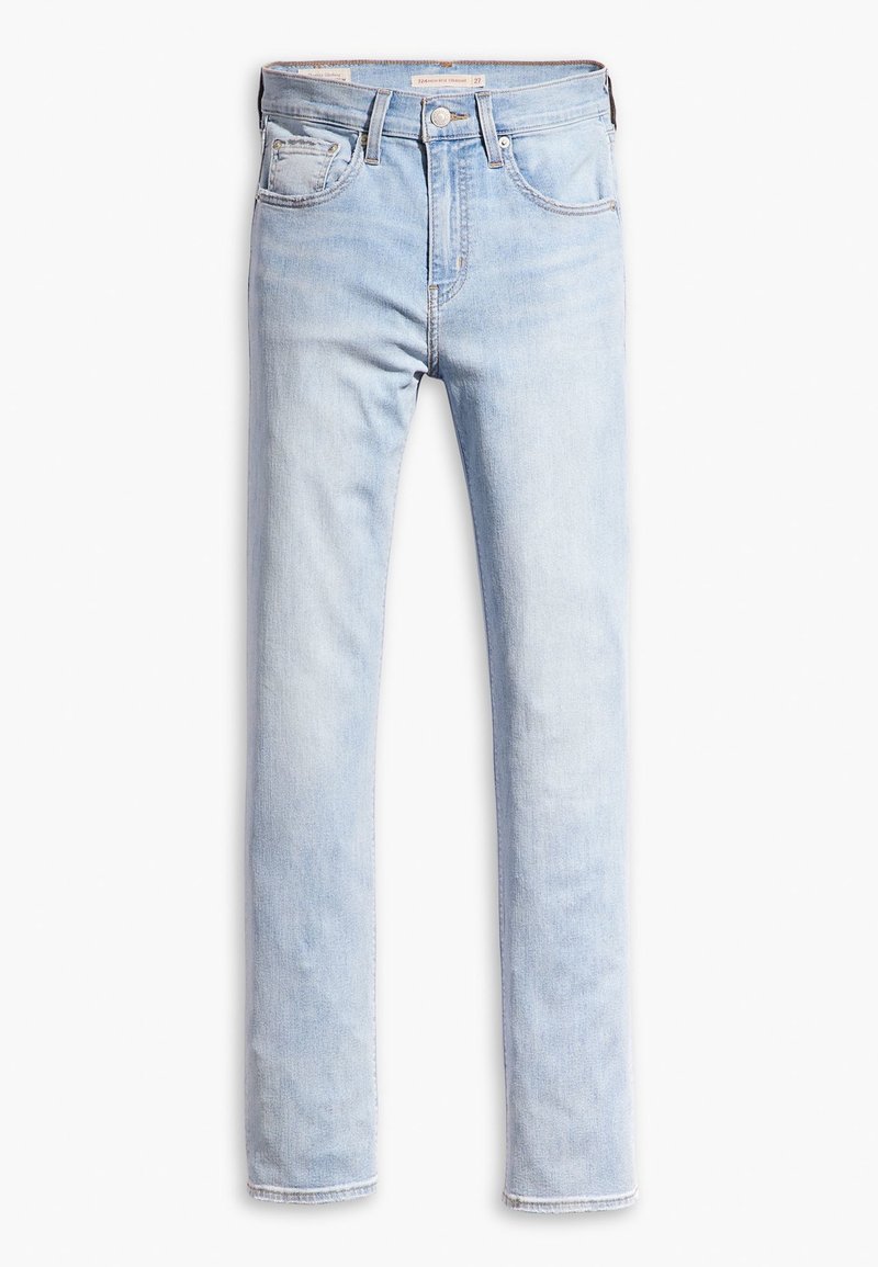 Jean slim bleu clair avec cinq poches, fermeture par boutons et passants de ceinture, présenté sur fond blanc.
