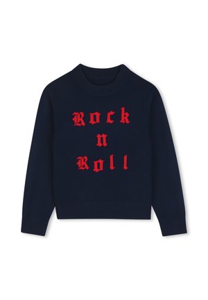 Pull bleu marine à manches longues avec texte rouge de style gothique "Rock n Roll" sur le devant et col rond.