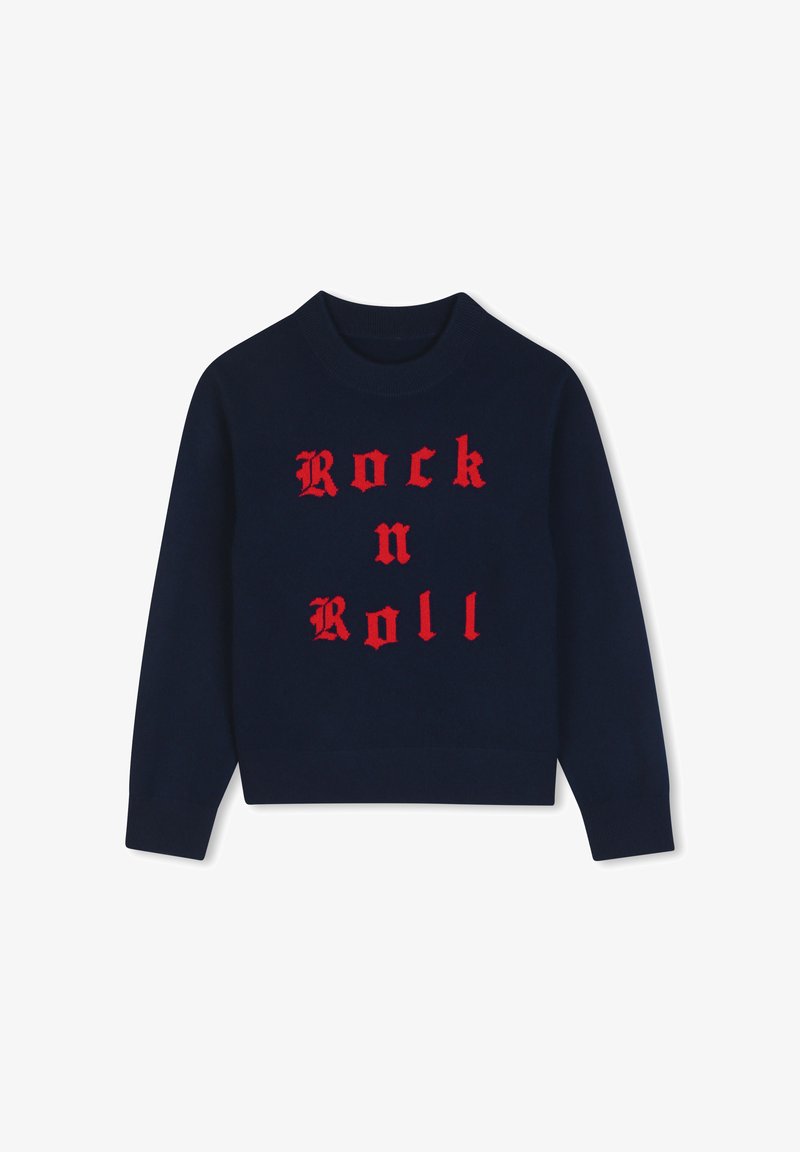 Pull bleu marine à manches longues avec texte rouge de style gothique "Rock n Roll" sur le devant et col rond.