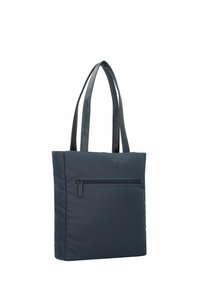 Sac fourre-tout marine en tissu lisse, doté de poignées doubles, d'une poche zippée à l'avant et d'une forme rectangulaire structurée.