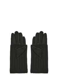 Gants noirs avec un corps en tricot côtelé et des accents en cuir lisse au niveau du poignet. Design à cinq doigts pour une pleine dextérité.