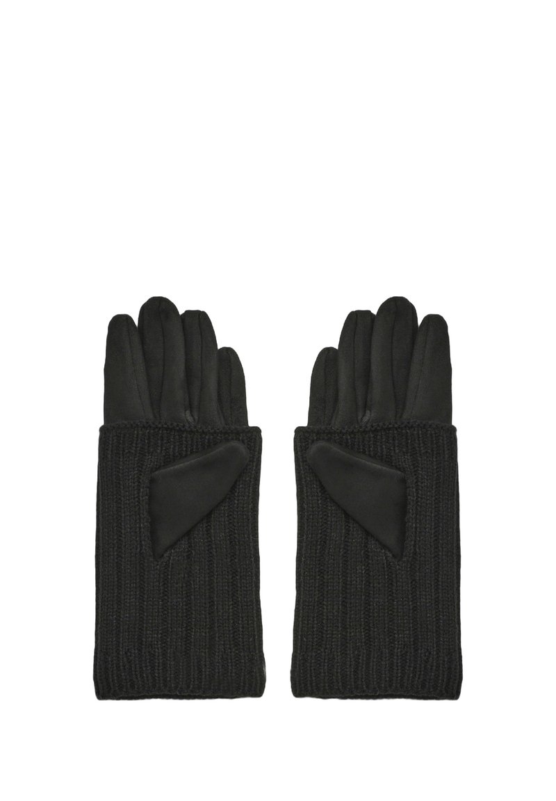 Gants noirs avec un corps en tricot côtelé et des accents en cuir lisse au niveau du poignet. Design à cinq doigts pour une pleine dextérité.