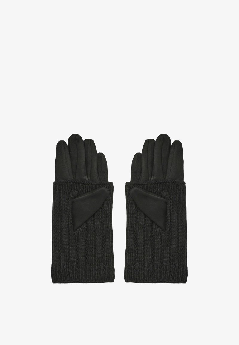 Gants noirs avec un corps en tricot côtelé et des accents en cuir lisse au niveau du poignet. Design à cinq doigts pour une pleine dextérité.