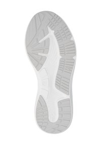 Semelle d'une chaussure en caoutchouc gris clair avec des motifs texturés et des rainures. Le design comprend une arche distincte et une zone de talon prononcée.