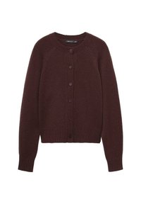 Cardigan en tricot bourgogne avec un col rond, des manches raglan longues et des boutons à l'avant. Il présente des poignets et un ourlet côtelés.