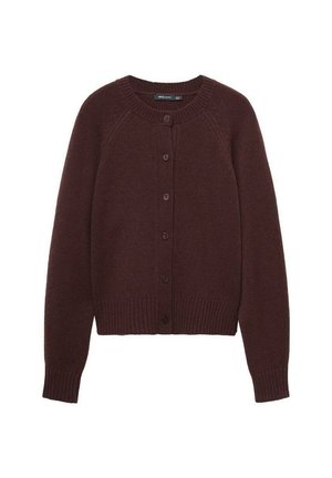Cardigan en tricot bourgogne avec un col rond, des manches raglan longues et des boutons à l'avant. Il présente des poignets et un ourlet côtelés.