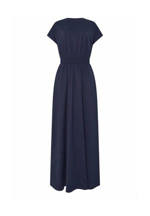 Vestido maxi azul marino de tela suave con mangas cortas, cintura elástica y falda fluida, que presenta un diseño simple y sin adornos.