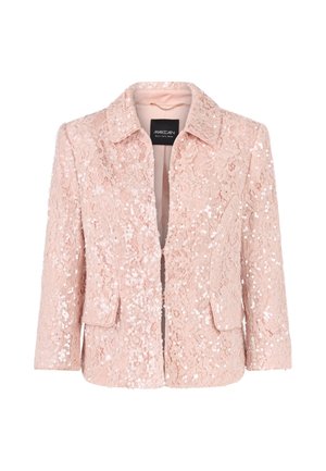 Rosa Spitzenjacke mit Paillettenverzierungen, mit Reverskragen, zwei Fronttaschen und einem Ein-Knopf-Verschluss. Weiche Textur.