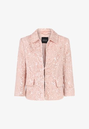 Pink lace jacket with sequin embellishments, featuring a notched collar, two front pockets, and a single-button closure. Soft texture.