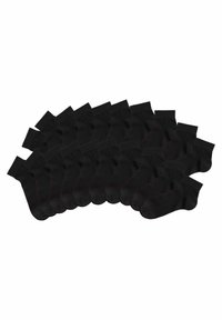 Packung mit 12 schwarzen Knöchelsocken, aus weichem Stoff gefertigt, mit einem schlichten Design und einem gerippten Bündchen. Jede Socke hat eine einheitliche Form.
