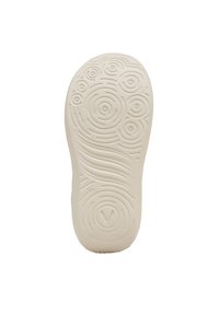 Light-colored rubber shoe sole with swirl and circular patterns, featuring a logo and textured tread for grip. Smooth, rounded edges.
