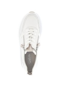 White leather sneaker with textured accents, featuring a lace-up front and side zippers. Soft inner lining and light-colored sole.