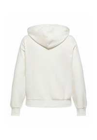 Hvit hettegenser med kort modell, ribbestrikkede mansjetter og nederkant, samt en myk tekstur. Baksiden er ensfarget uten synlige logoer eller mønstre.