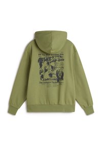 Sweat à capuche vert olive avec impression graphique noire et texte indiquant "Off The Wall Greatest Hits" et "The Comfort In The Search" au dos.