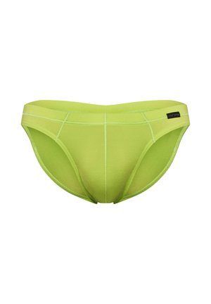 Lichtgroene herenslip met zichtbare naden en een klein zwart label aan de rechterkant van de tailleband tegen een witte achtergrond.