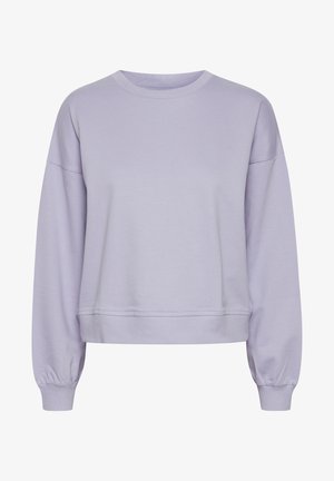 Sudadera de lavanda clara con cuello redondo, puños acanalados y un ajuste holgado. Fabricada con una tela suave y texturizada, sin patrones.