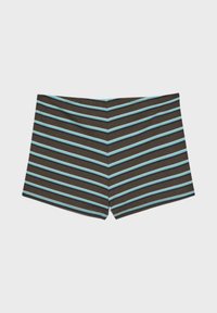 Short de bain rayé avec des lignes diagonales brunes et bleues convergeant au centre devant, à plat sur un fond gris clair.