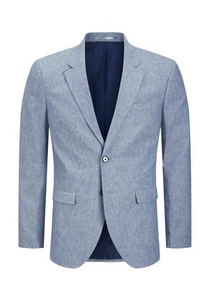 Light blue blazer made from textured fabric. Features a notched lapel, single button closure, and two front pockets. Navy lining visible.