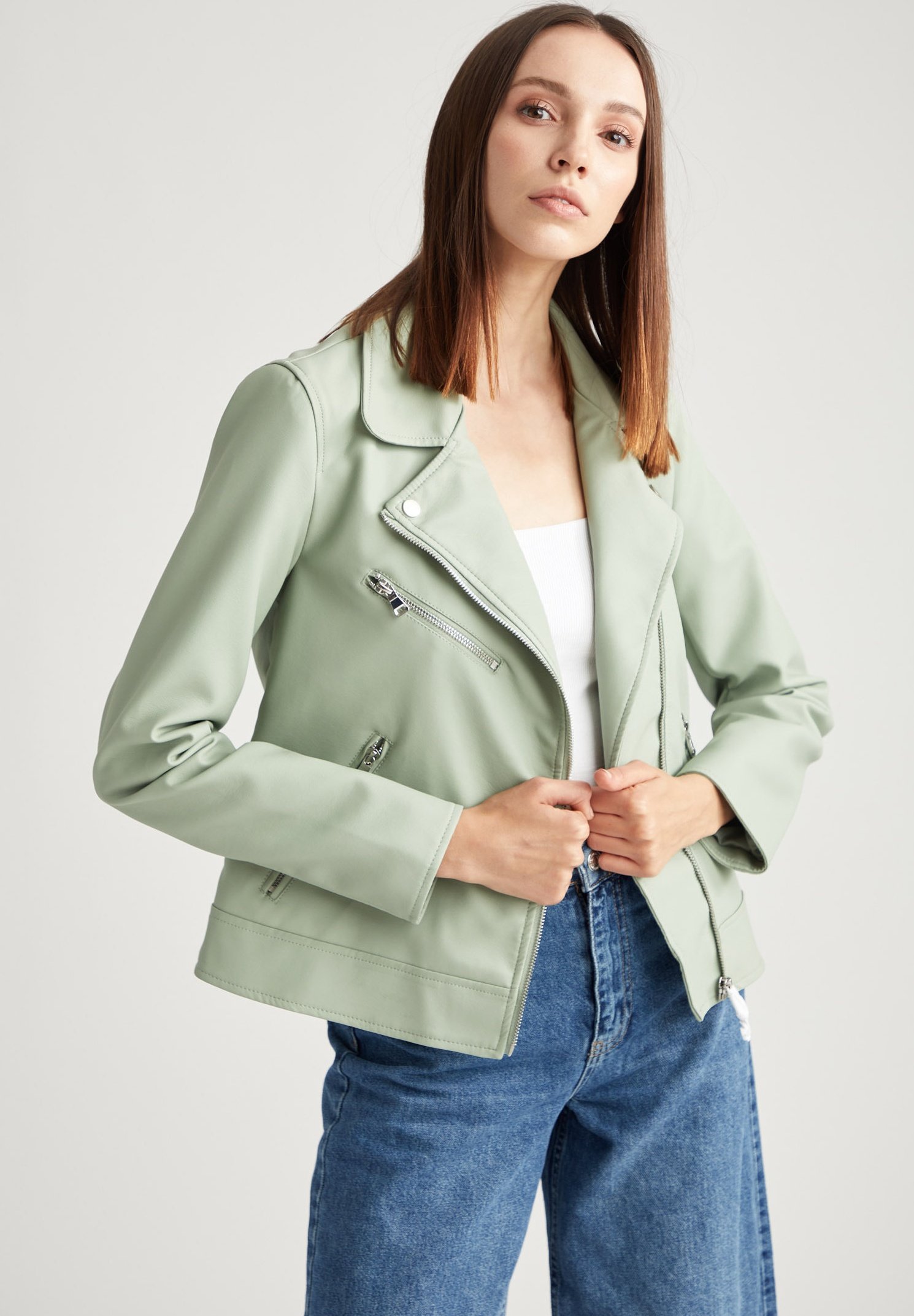 turquoise faux leather jacket