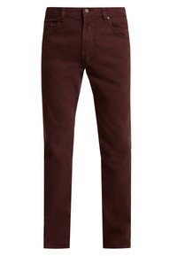 Pantaloni chinos bordeaux, taglio slim, tessuto in cotone, davanti piatto, design a cinque tasche, chiusura con zip, bottone in metallo, texture liscia, senza fantasie visibili.