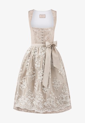Beiges Dirndl-Kleid mit gesticktem Spitzenoverlay, quadratischem Ausschnitt, Knopfverschluss vorne und breitem Satinband, das an der Taille zu einer Schleife gebunden ist.