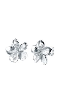 Silver floral stud earrings with a textured finish, featuring five petal shapes and a secure post back.