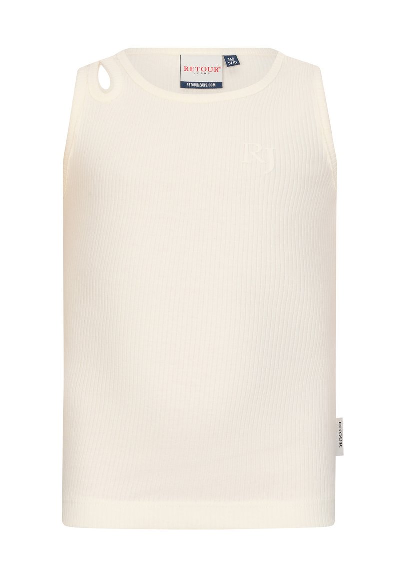 Top senza maniche bianco a coste realizzato in materiale elastico, con un piccolo logo decorativo e un particolare taglio sulle spalle.