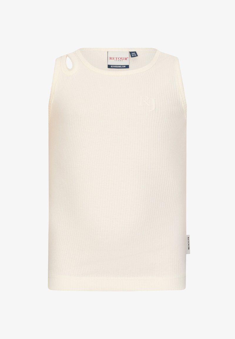 Top senza maniche bianco a coste realizzato in materiale elastico, con un piccolo logo decorativo e un particolare taglio sulle spalle.