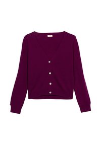Cardigan viola con scollo a V, maniche lunghe, cinque bottoni d'argento sul davanti e orlo corto. Materiale morbido e lavorato a maglia.