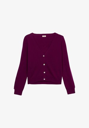 Cardigan viola con scollo a V, maniche lunghe, cinque bottoni d'argento sul davanti e orlo corto. Materiale morbido e lavorato a maglia.