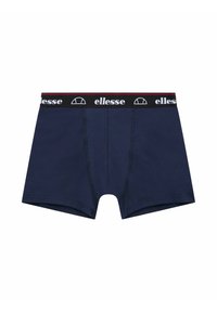 Boxers de algodón azul marino con una cinturilla elástica negra que presenta un logo blanco de "ellesse" y un acento rojo. Textura suave, diseño clásico.