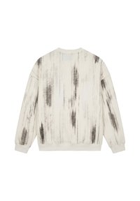 Sweat-shirt manches longues écru avec motifs verticaux en coups de pinceau noirs et poignets, ourlet et col rond côtelés, montré de dos.