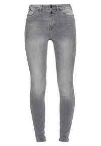 Jeans ajustados en denim gris claro, con un clásico diseño de cinco bolsillos, cierre de dos botones y un leve desvanecimiento con una textura suave.