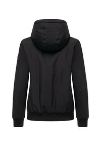Doudoune noire avec capuche, poignets et ourlet élastiques. Texture lisse avec un design simple, mettant en avant une couleur unie sans motifs.