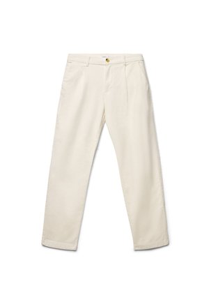 Pantaloni dritti color avorio con tasche frontali, passanti per cintura, chiusura con bottone e zip.