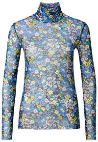 Blommig polokrage med en blandning av blåa, gula och svarta blommor på en genomskinlig bakgrund. Långa ärmar och skärpt design.