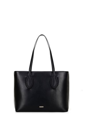 Black leather tote bag with braided handle accents and a smooth surface. Features a rectangular shape and subtle brand logo on the front.