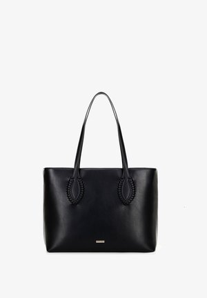 Zwarte leren tote bag met gevlochten handgreepaccenten en een gladde afwerking. Heeft een rechthoekige vorm en een subtiele merklogo aan de voorkant.