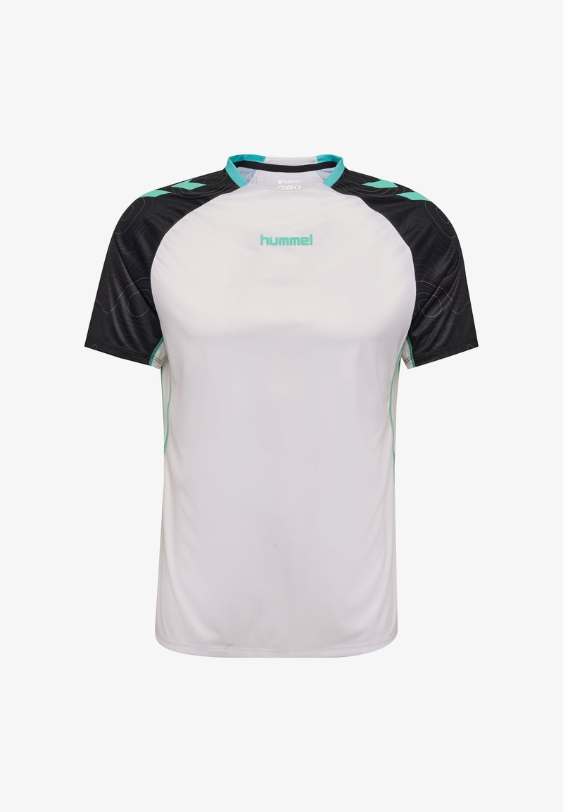 Wit sportshirt met zwarte korte mouwen, turkooizen kraagafwerking en een "hummel"-logo in turkoois op de borst.